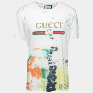 Pre Owned Gucci White Logo Print Cotton Tie Dye T-Shirt L