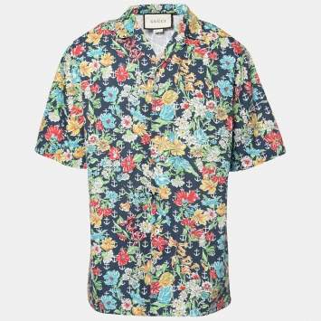 Pre Owned Gucci Blue Floral and Anchor Print Half Sleeves Cotton Shirt M