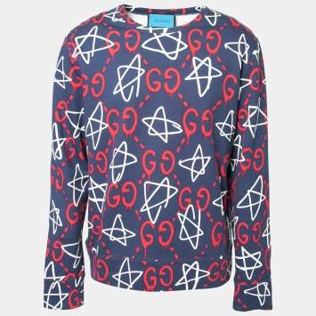Pre Owned Gucci Blue Ghost Print Cotton Round Neck Sweatshirt XL