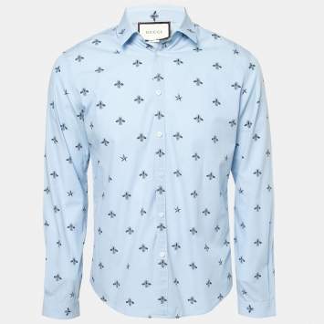 Pre Owned Gucci Light Blue Bee Print Cotton Button Front Shirt L