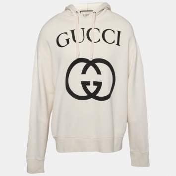 Pre Owned Gucci Off White Cotton Logo Printed Long Sleeve Hoodie L