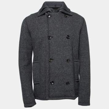 Pre Owned Gucci Charcoal Grey Knitted Wool Double-Breasted Coat S
