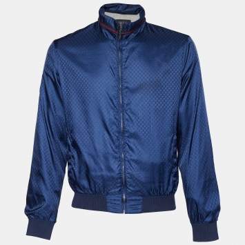 Pre Owned Gucci Navy Blue Web Logo Synthetic Bomber Jacket M