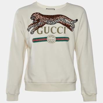 Pre Owned Gucci Cream Leopard Applique Cotton Knit Sweatshirt S