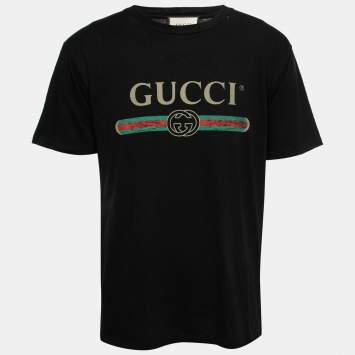 Pre Owned Gucci Black Distressed Cotton Logo Printed Crewneck T-Shirt M