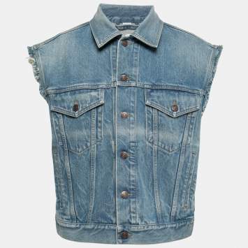 Pre Owned Gucci Blue Denim Embroidered Sleeveless Oversized Jacket S