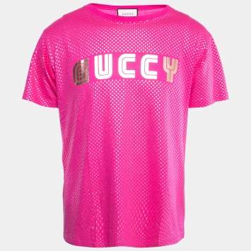 Pre Owned Gucci Pink Logo Star Printed Cotton Short Sleeve T-Shirt M