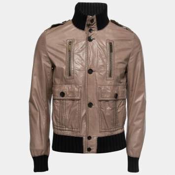 Pre Owned Gucci Brown Leather Rib Knit Trim Madonna Bomber Jacket M