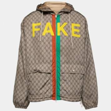 Pre Owned Gucci Beige GG Monogram Synthetic Fake Or Not Hooded Windbreaker Jacket S