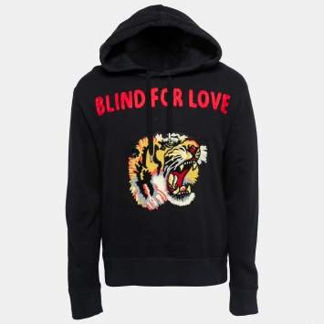 Pre Owned Gucci Black Cotton Knit Blind for Love Tiger Patch Hoodie L