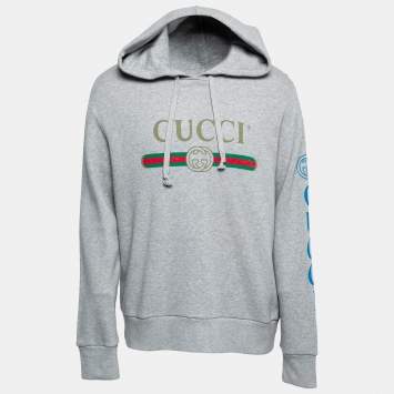 Pre Owned Gucci Grey Cotton Logo Print Embroidered Hoodie M