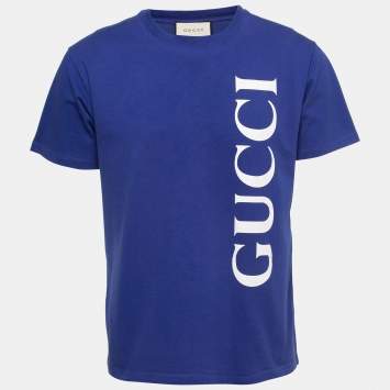 Pre Owned Gucci Blue Cotton Logo Printed Short Sleeve T-Shirt XS