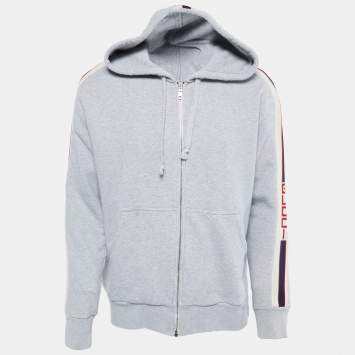 Pre Owned Gucci Grey Cotton Jersey Logo Web Trimming Zip-Up Hoodie L