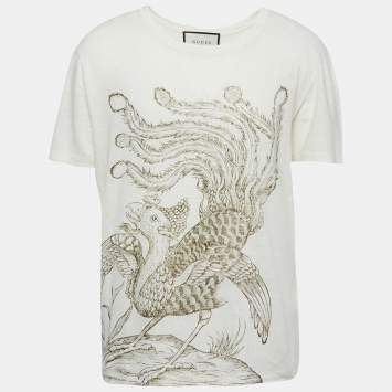 Gucci Cream Printed Linen Crew Neck T Shirt M