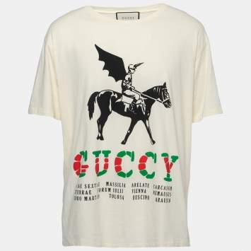Pre Owned Gucci Cream Winged Jockey Logo Print Cotton Crew Neck T-Shirt XXL