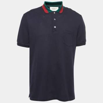 Pre Owned Gucci Navy Blue Cotton Pique Web Collar Polo T-Shirt XXXL
