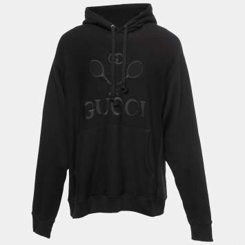 Gucci Black Cotton Tennis Logo Embroidered Oversized Hoodie XXL