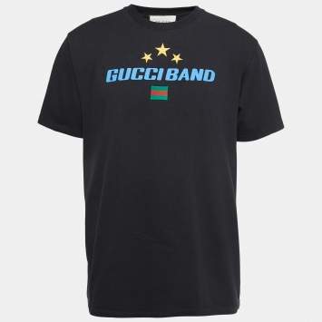 Pre Owned Gucci Black Cotton Embroidered Band Print T-Shirt L