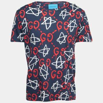 Pre Owned Gucci Navy Blue Gucci Ghost GG Print Cotton Crew Neck T-Shirt M