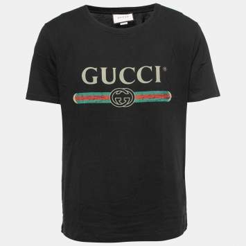 Pre Owned Gucci Black Vintage Logo Print Cotton Distressed Detail T-Shirt M