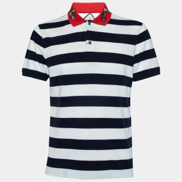 Pre Owned Gucci Navy Blue Striped Cotton Pique Snake Applique Contrast Collar Polo T-Shirt L