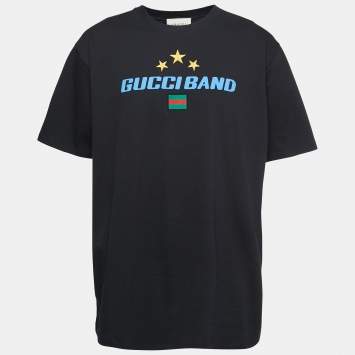 Pre Owned Gucci Black Gucci Band Print Cotton Embroidered T-Shirt XL