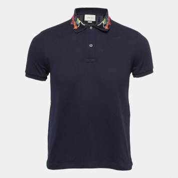 Pre Owned Gucci Navy Blue Dragon Embroidered Cotton Pique Polo T-Shirt S