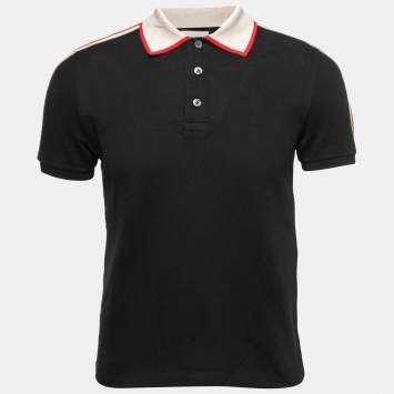 مملوكة مسبقًا Gucci Black Cotton Pique Logo Striped Polo T-Shirt S