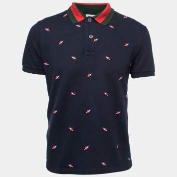 Gucci Navy Blue Pierced Heart Embroidered Cotton Polo T-Shirt  L