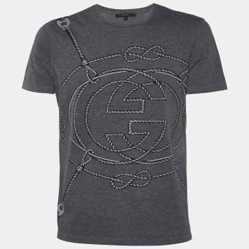 Pre Owned Gucci Grey Rope Logo Printed Cotton Knit Roundneck T-Shirt M