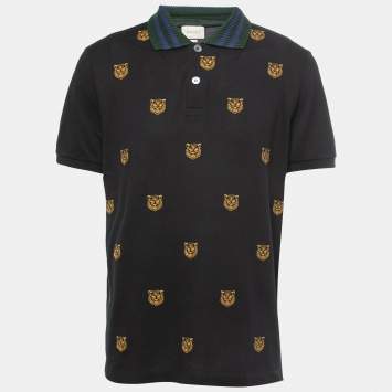 Gucci Black Tiger Embroiedered Cotton Pique Polo T-Shirt XXL