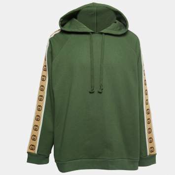 Pre Owned Gucci Green Knit GG Stripe Detail Sleeves Hoodie XXXL