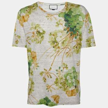 Pre Owned Gucci Beige Flora Printed Linen Roundneck T-Shirt L