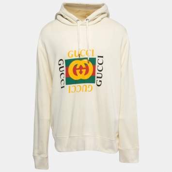 Pre Owned Gucci Ivory Vintage Logo Print Cotton Distressed Oversize Hoodie 3XL