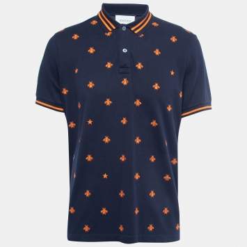 Pre Owned Gucci Navy Blue All-Over Motif Embroidered Cotton Pique Polo T-Shirt XXXL