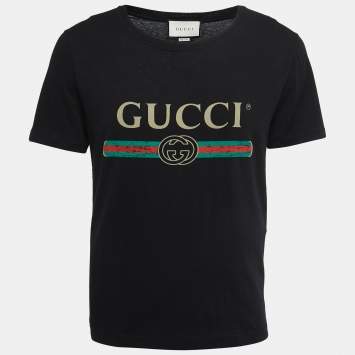 Pre Owned Gucci Black Vintage Logo Print Cotton Distressed Oversize T-Shirt XS