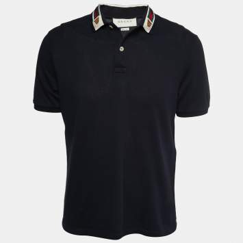 Pre Owned Gucci Navy Blue Cotton Knit Logo Stripe Detail Polo T-Shirt XL