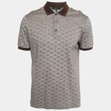 Pre Owned Gucci Brown GG Patterned Cotton Knit Web Detail Collar Polo T-Shirt XL