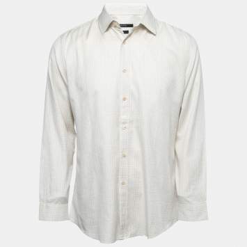 Pre Owned Gucci White/Beige Plaided Cotton Button Front Full Sleeve Slim-Fit Shirt L