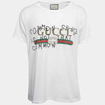 Pre Owned Gucci White Printed Cotton Crew Neck Half Sleeve T-Shirt M