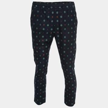 Pre Owned Gucci Navy Blue Patterned Cotton Trousers S