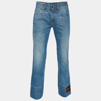 Pre Owned Gucci Blue Denim Kick Flare Logo Patch Jeans N Waist 33" 