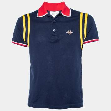 Pre Owned Gucci Navy Blue Contrast Trim Pique Cotton Polo T-Shirt M