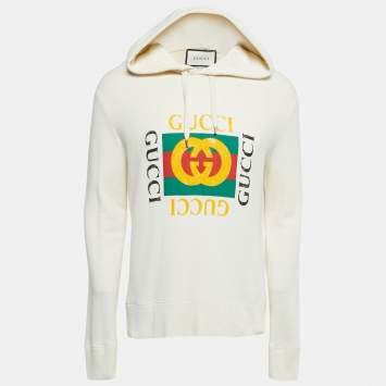 Pre Owned Gucci Cream Logo Print Cotton Hoodie S