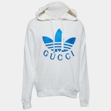 Pre Owned Gucci x Adidas White Logo Embroidered Cotton Hoodie S