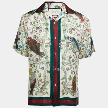 Gucci Multicolor Birds of Prey Print Silk Satin Button Front Half Sleeve Bowling Shirt M