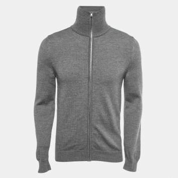 Gucci Grey Wool Web Stripe Detail Zip Front Sweater M  