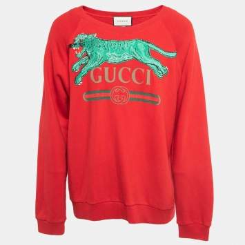 Pre Owned Gucci Red Tiger Embroidered Cotton Knit Sweatshirt XL