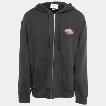 Gucci Black Tiger Printed Cotton Knit Hooded Zip Front Jacket XL