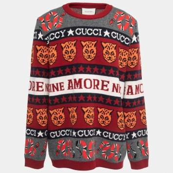 Pre Owned Gucci Red Logo Intarsia Knit Crewneck Sweater XXL